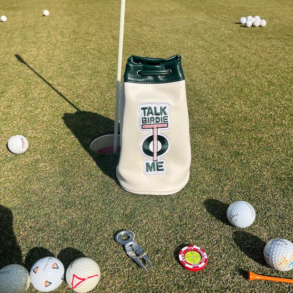 Talk Birdie To Me golf ball pouch cream dark green embroidery on putting green