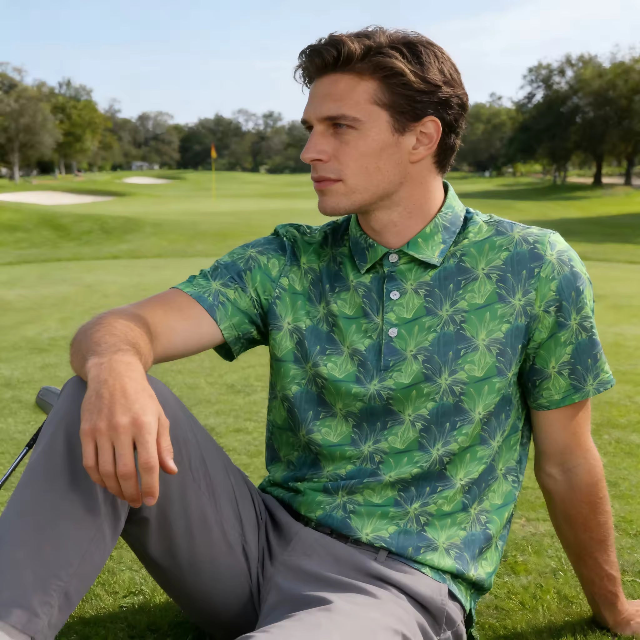 Men's golf polo forest green tropical leaf print