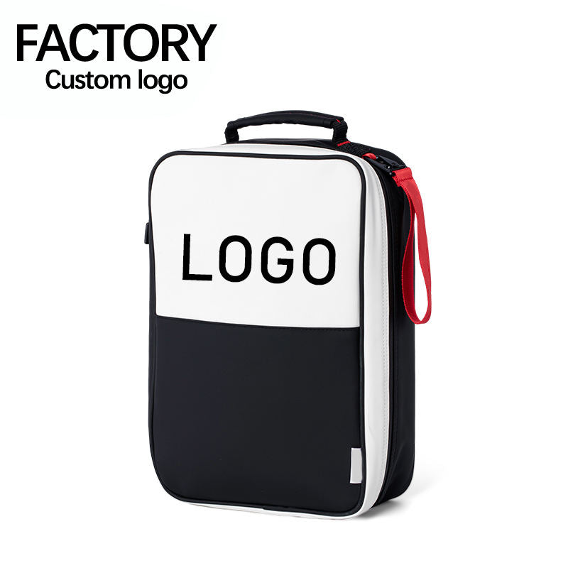 White and black colorblock golf shoe bag with logo panel