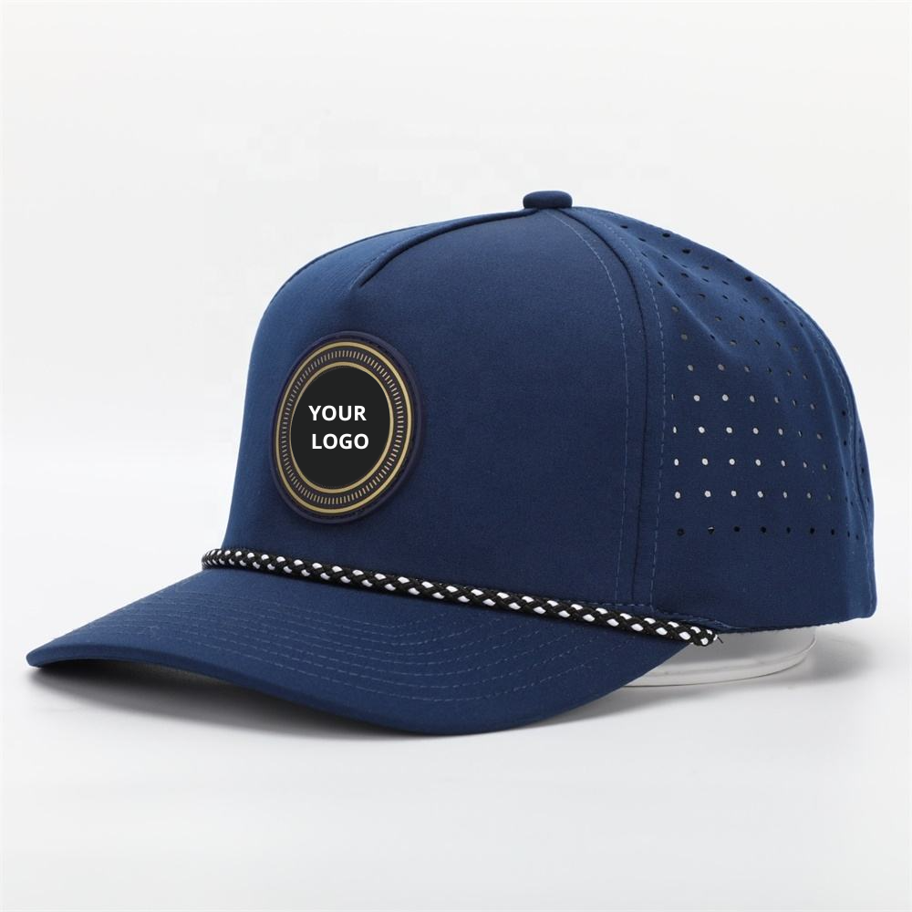 Custom Perforated Snapback Golf Cap with Rope Brim - Front View with Logo