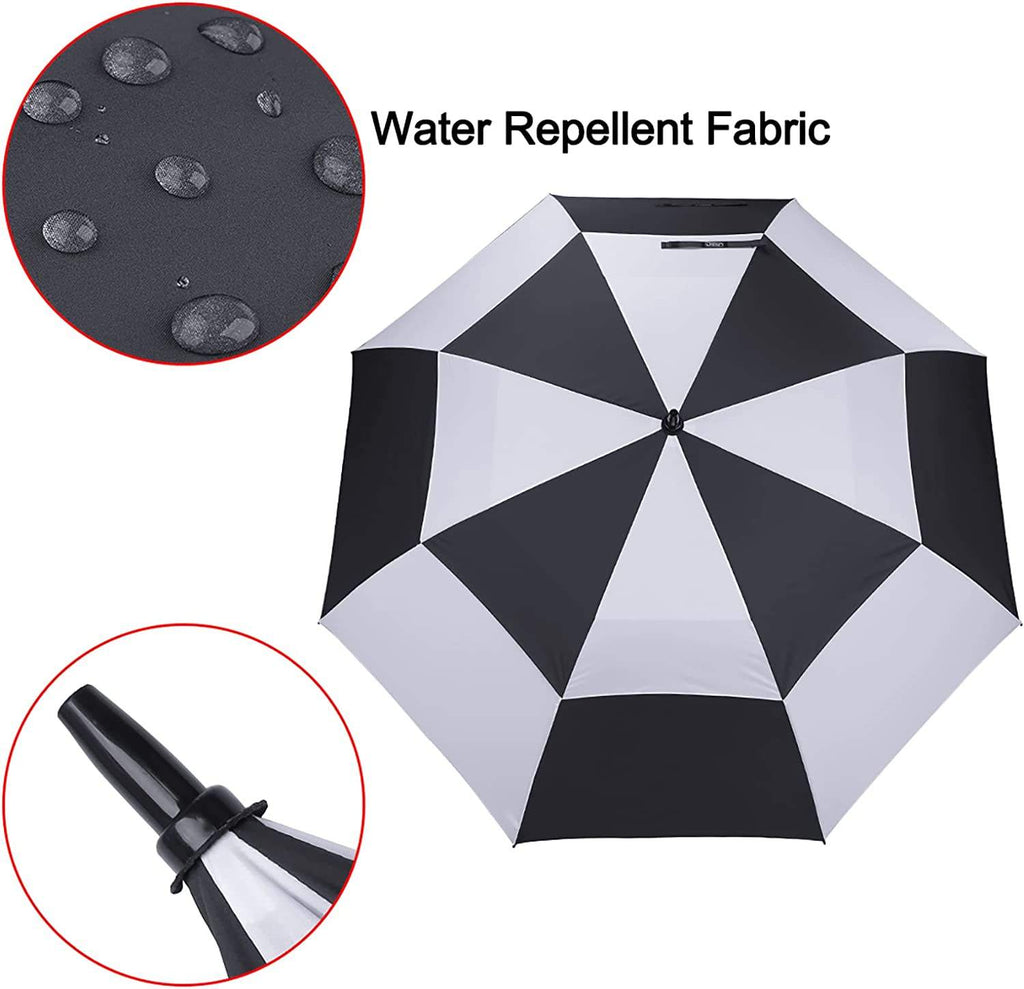 Black and white checkered golf umbrella top view with water repellent fabric detail and rubber tip close-up
