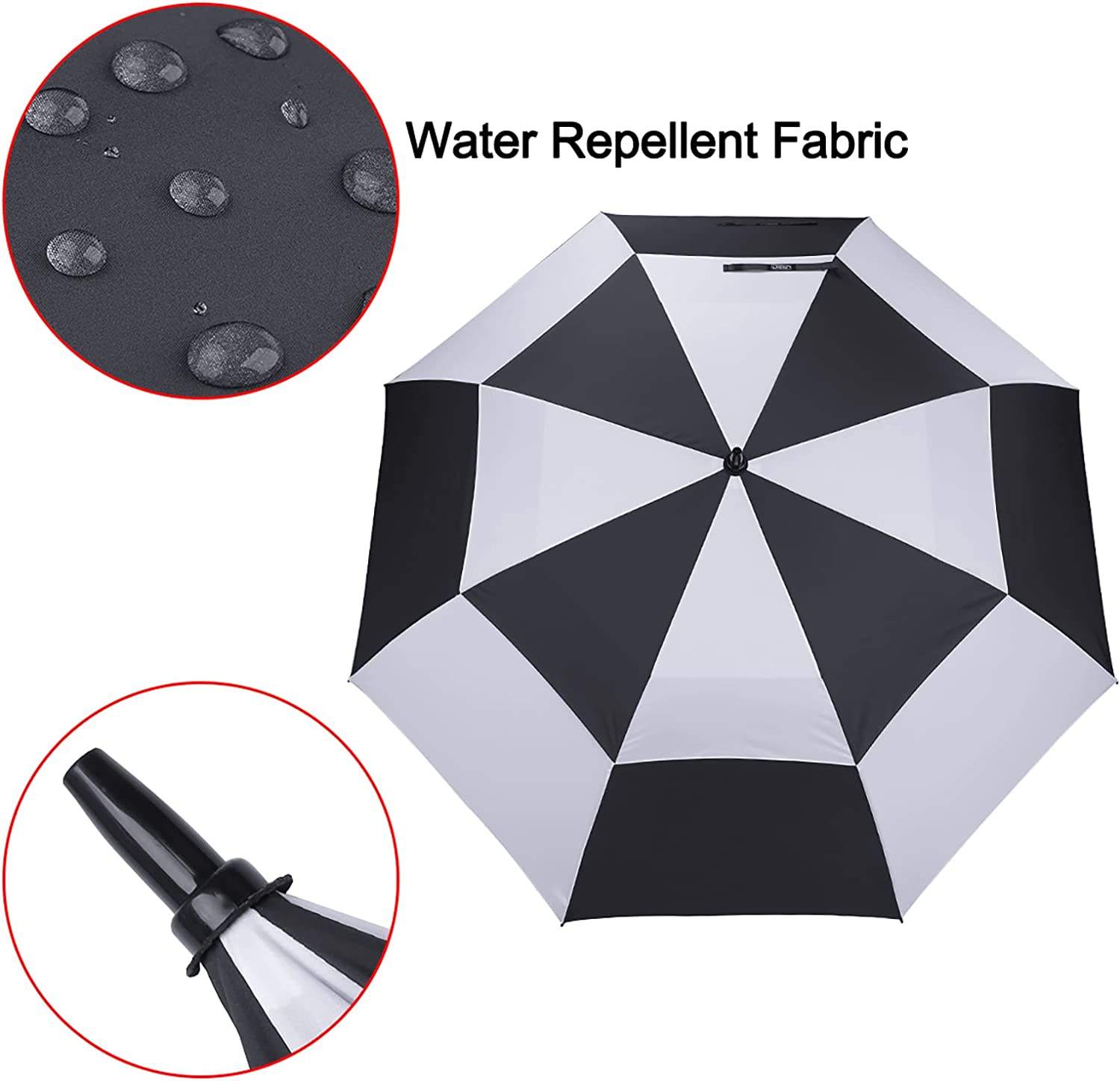 Black and white checkered golf umbrella top view with water repellent fabric detail and rubber tip close-up