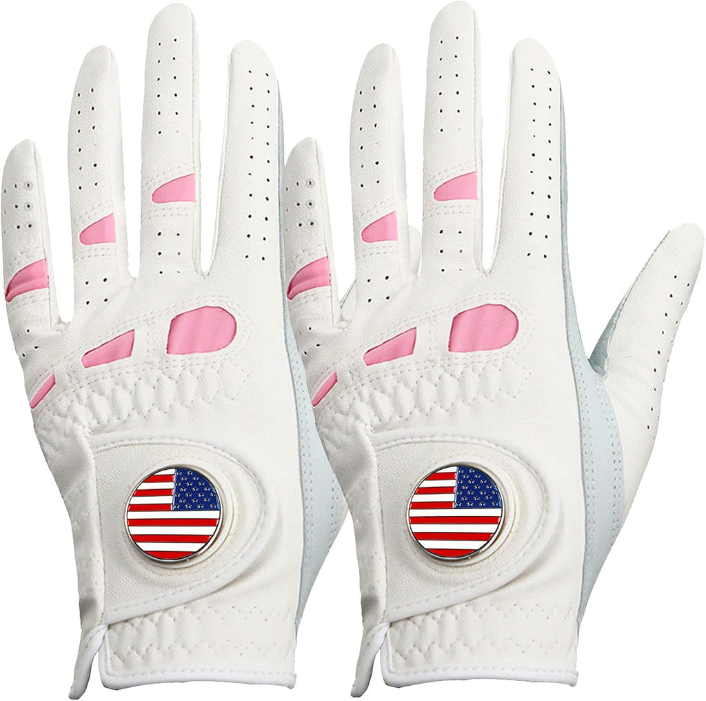 Women's Cabretta Leather Golf Glove with Pink Spandex Gussets and Magnetic Ball Marker