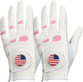Women's Cabretta Leather Golf Glove with Pink Spandex Gussets and Magnetic Ball Marker