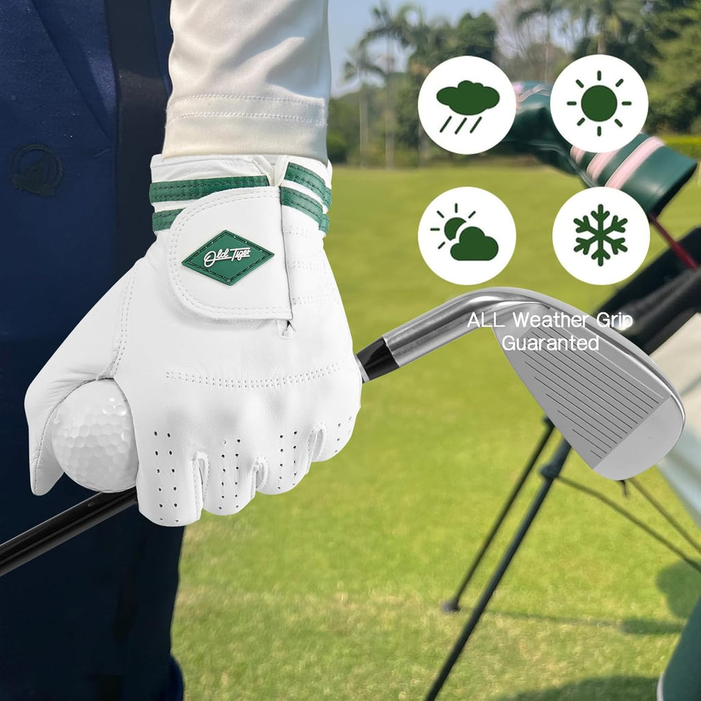 AAA Cabretta Leather Golf Glove with Green Stripe Wrist Band and Woven Logo Patch