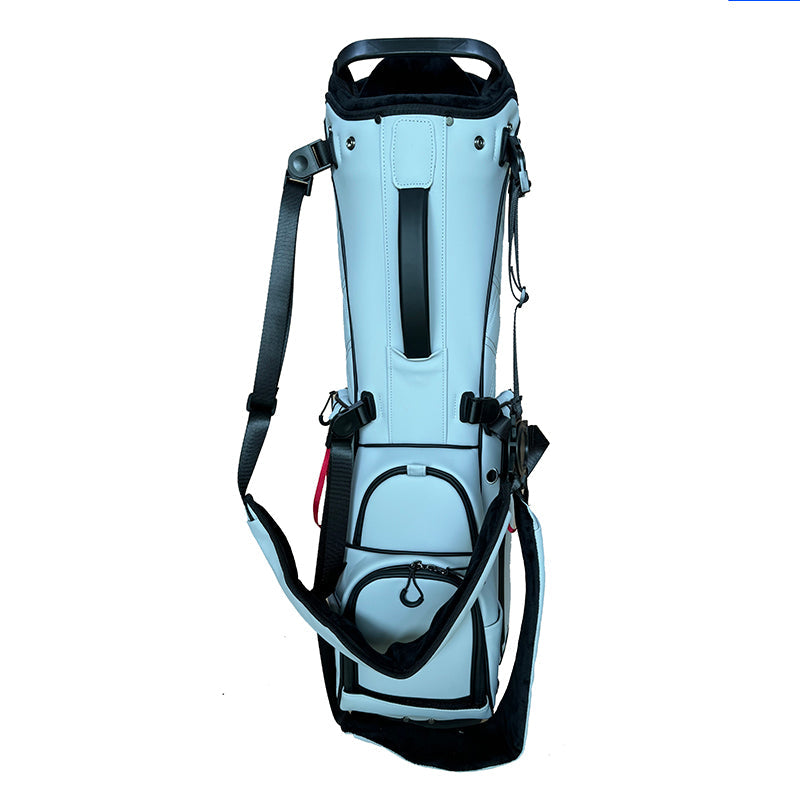 Ice blue quilted golf stand bag front view showing diamond stitch and red zipper accent