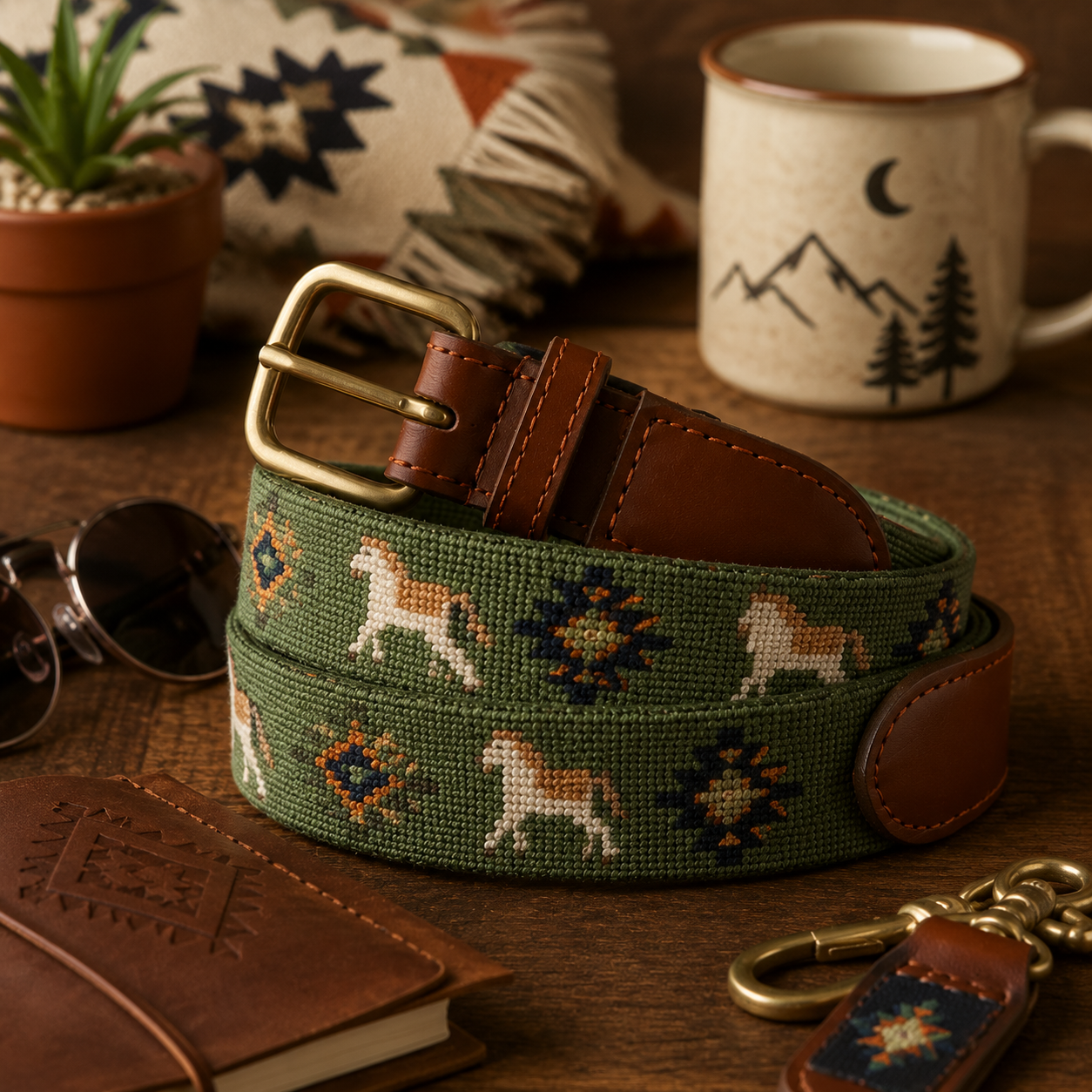 Forest green horse and folk pattern needlepoint belt lifestyle shot with antique brass buckle