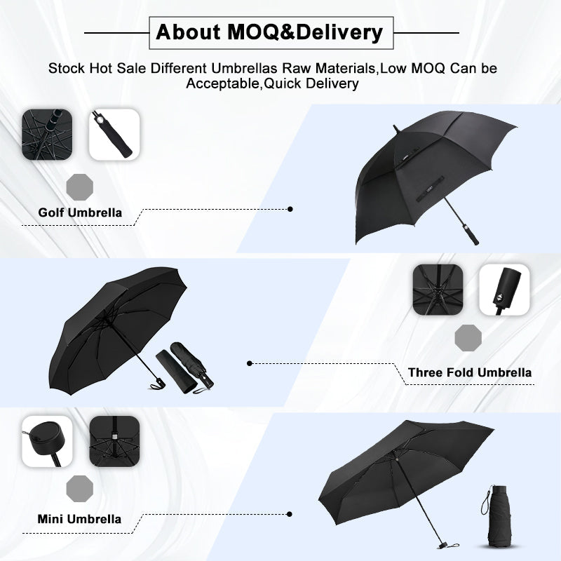 MOQ and delivery infographic showing golf umbrella three fold umbrella and mini umbrella options with low MOQ
