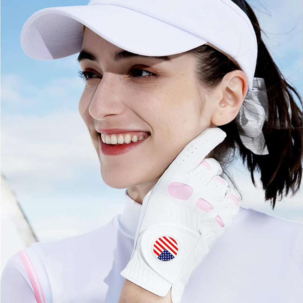 Women's Cabretta Leather Golf Glove with Pink Spandex Gussets and Magnetic Ball Marker