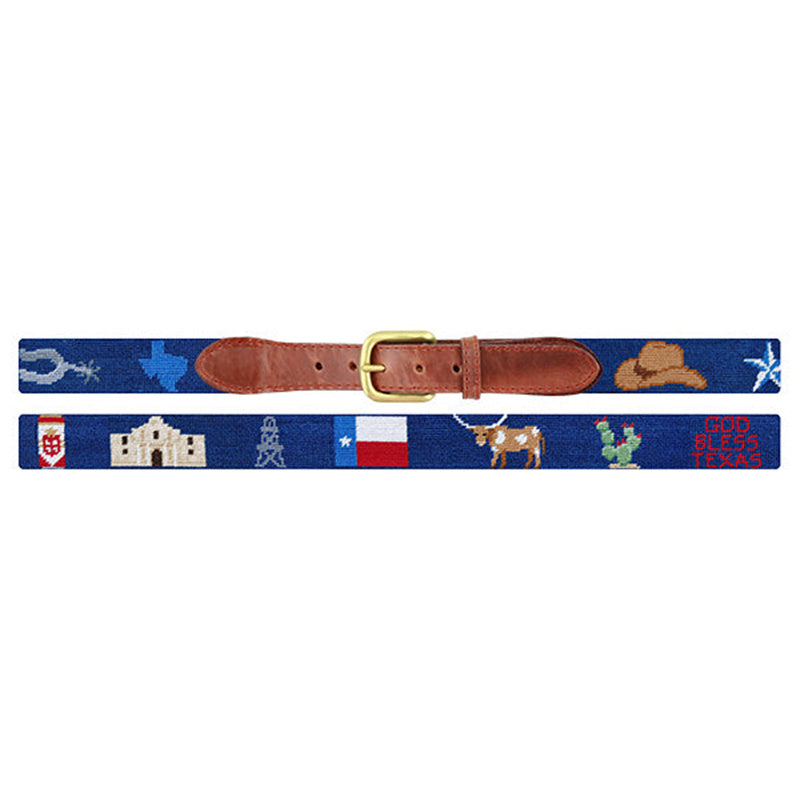 Hunting dog needlepoint belt flat lay showing full length with repeating Labrador pattern and brass buckle