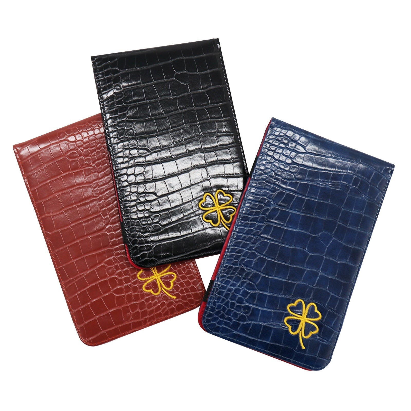 Three color options black navy brown red snakeskin leather golf scorecard holder group shot