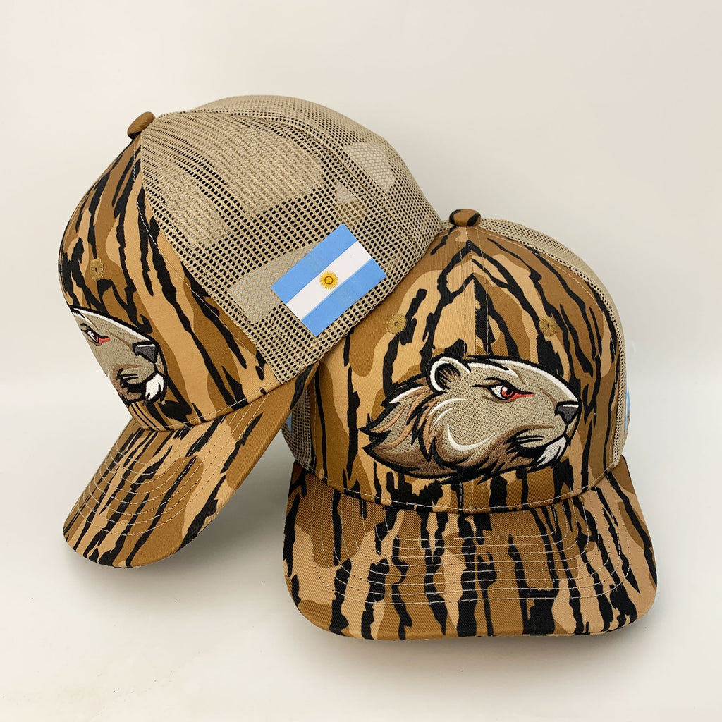Custom Tiger Camo Trucker Hat with Lion Embroidery