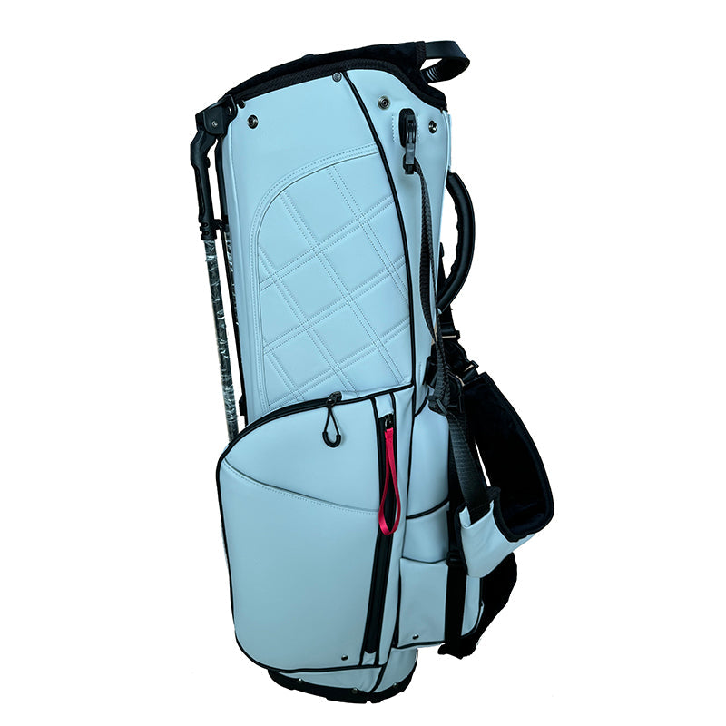 Ice blue quilted golf stand bag opposite side view showing single shoulder strap and pockets