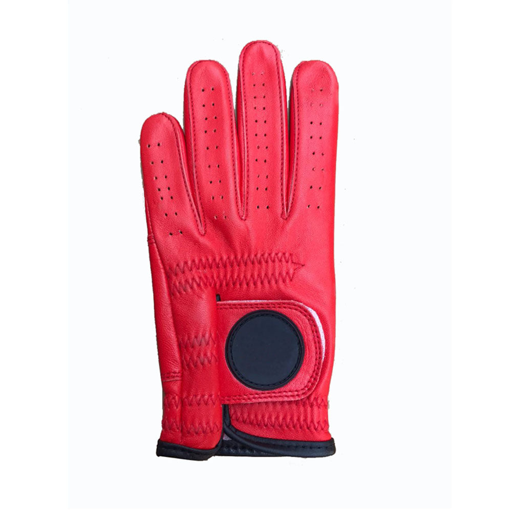 Red cabretta leather golf glove palm detail with perforated finger panels
