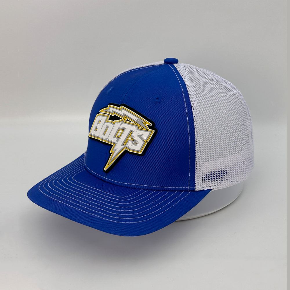 Custom Royal Blue White Trucker Hat with Die-Cut Embroidered Team Logo Patch