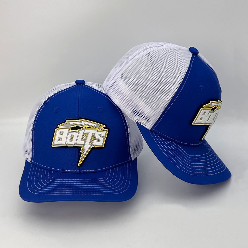 Custom Royal Blue White Trucker Hat with Die-Cut Embroidered Team Logo Patch