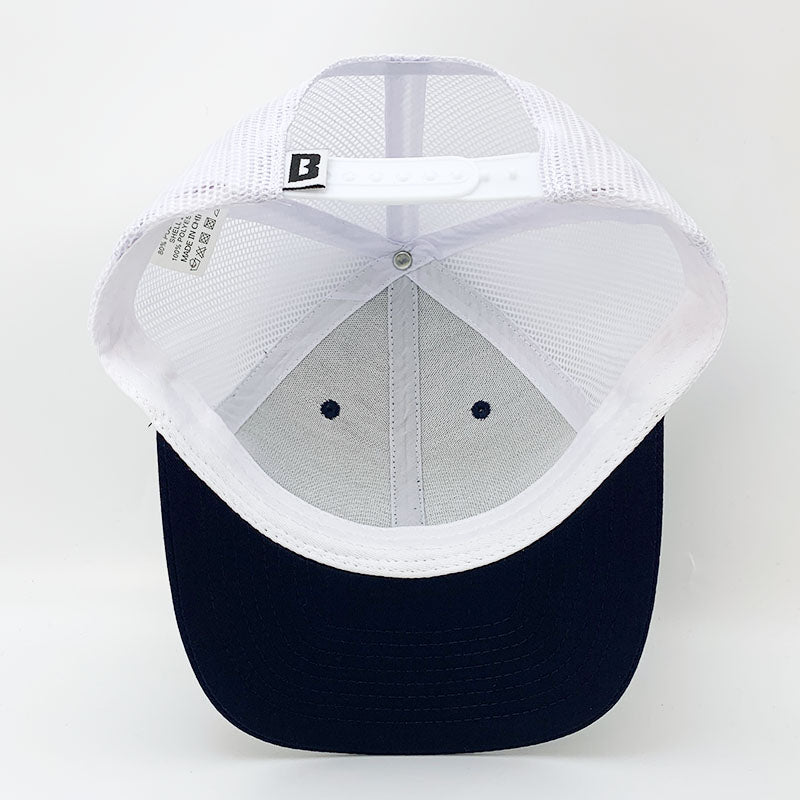 Custom Navy White Trucker Hat with Multi-Color Baseball Logo Embroidery