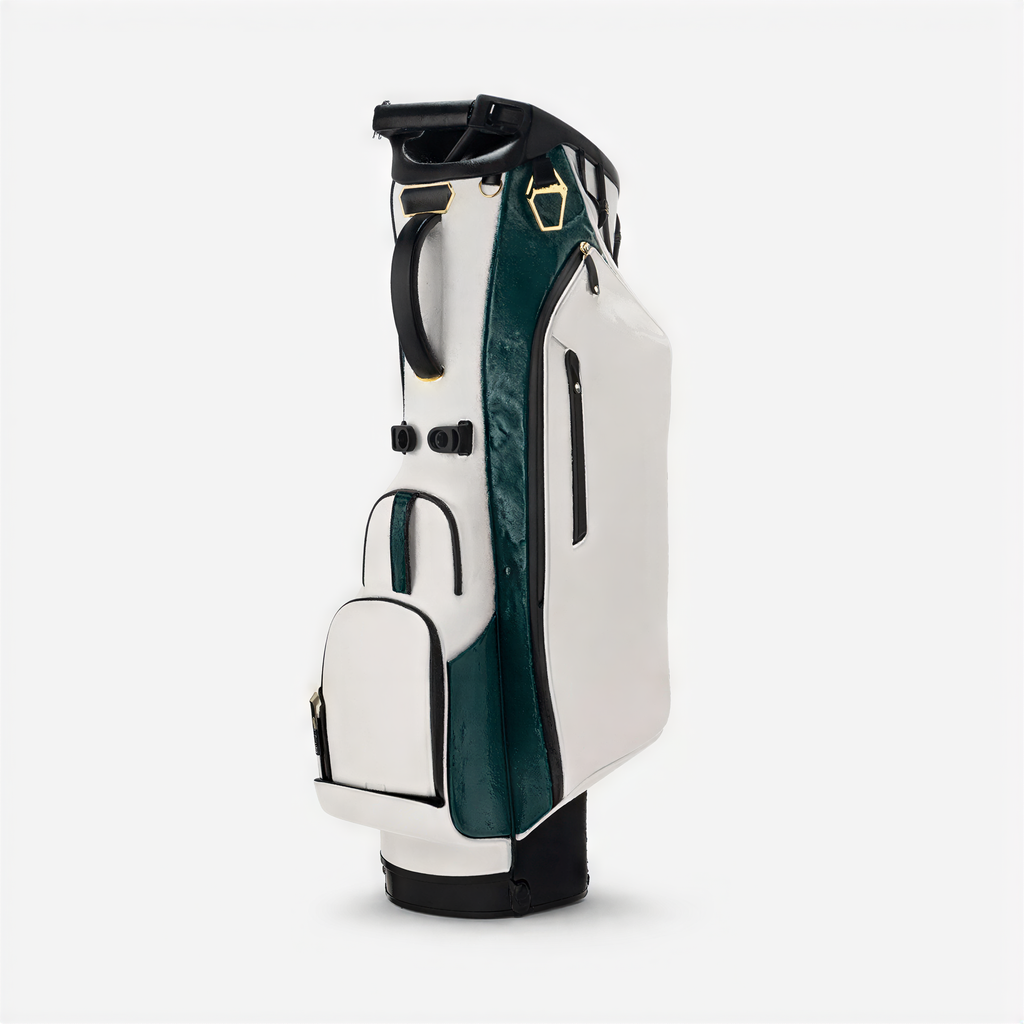 White forest green golf stand bag on golf course lifestyle shot