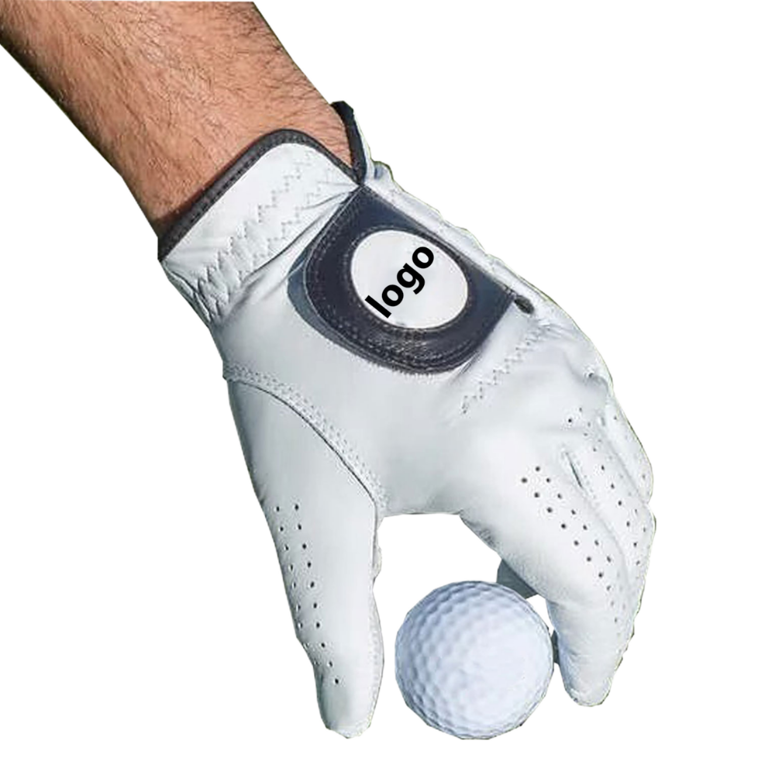 Cabretta leather golf glove with custom logo ball marker holding golf ball