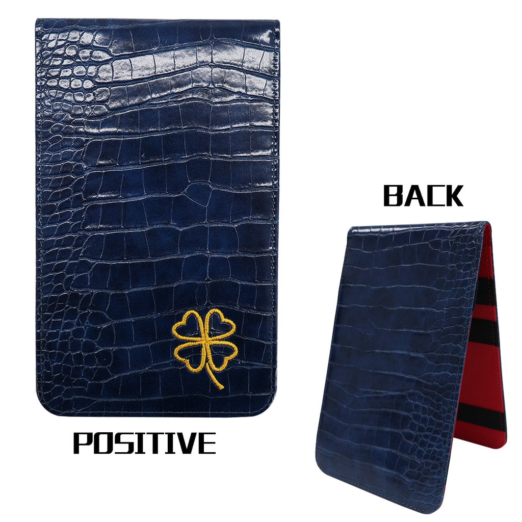 Navy blue snakeskin leather scorecard holder front positive view with gold four-leaf clover