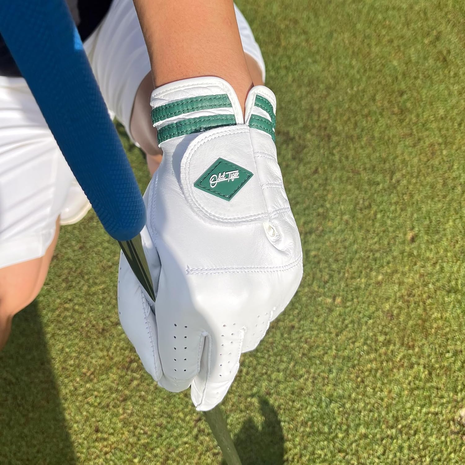 AAA Cabretta Leather Golf Glove with Green Stripe Wrist Band and Woven Logo Patch