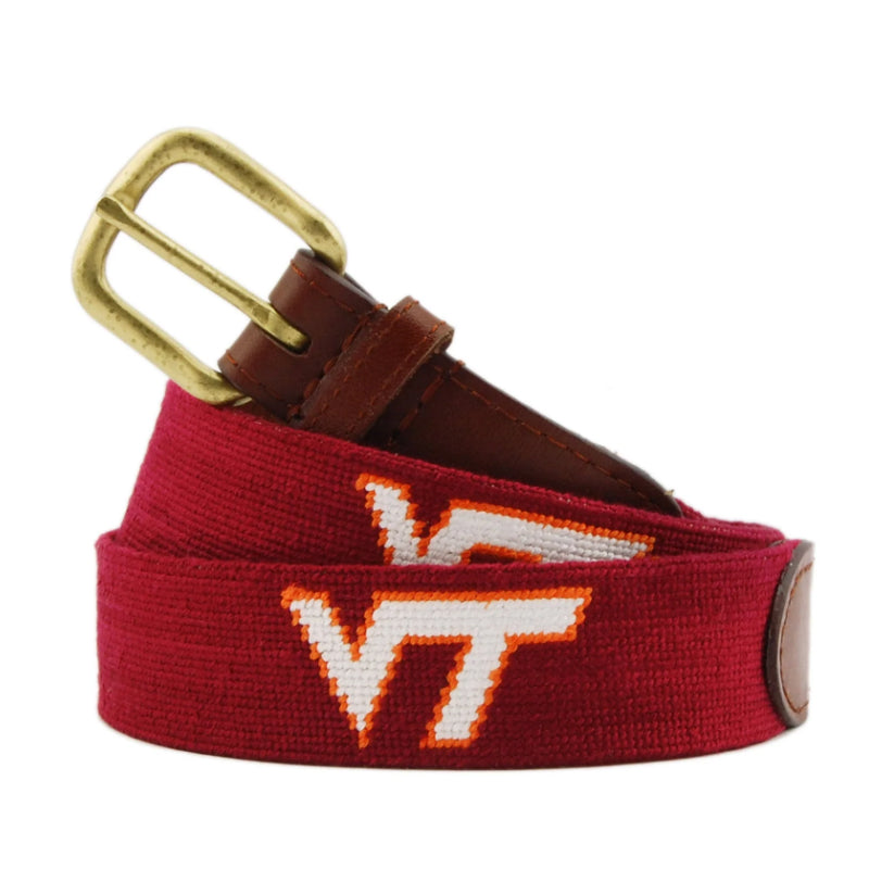 Maroon needlepoint belt with VT Virginia Tech collegiate crest and antique brass buckle