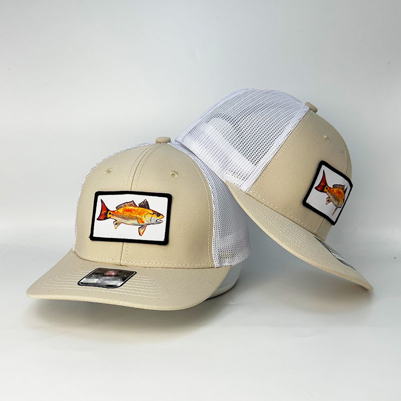 Custom khaki white mesh trucker hat with red fish woven patch front and back view