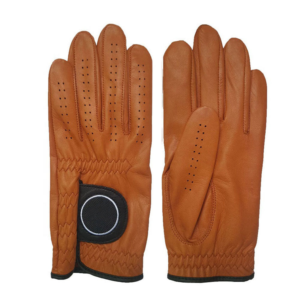 Red and tan cabretta leather golf gloves unisex pair view