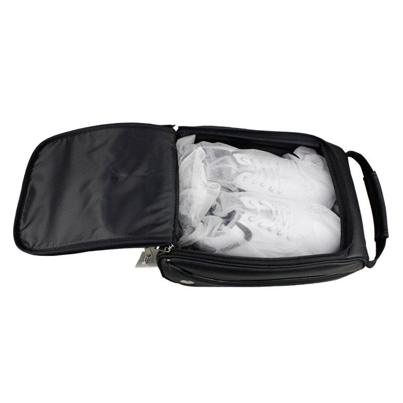 PU leather golf shoe bag open showing white golf shoes inside