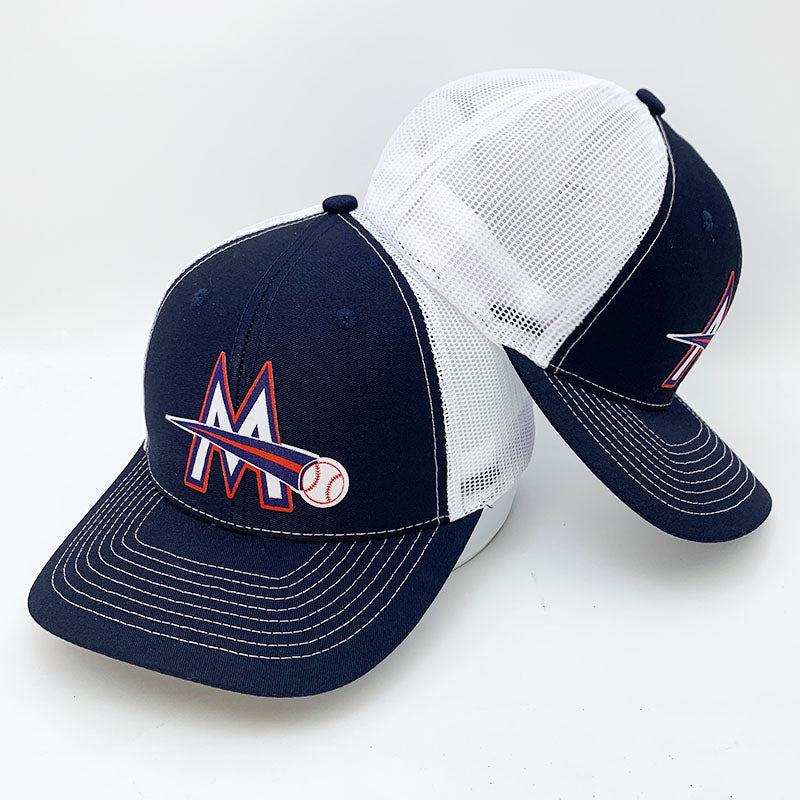 Custom Navy White Trucker Hat with Multi-Color Baseball Logo Embroidery