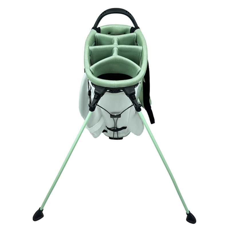 Mint green golf stand bag water resistant exterior with stand deployed