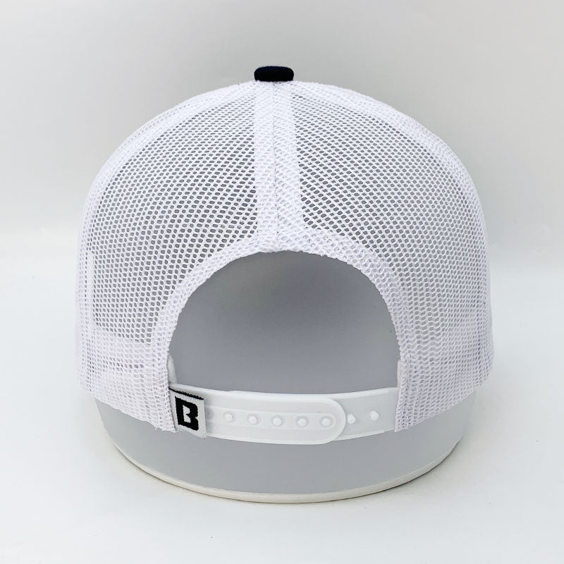 Custom Navy White Trucker Hat with Multi-Color Baseball Logo Embroidery