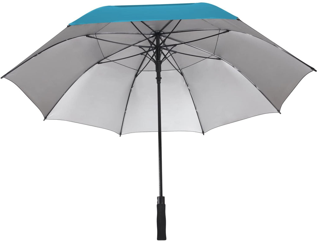 Teal golf umbrella interior view showing silver UV coating inner canopy and fiberglass frame structure