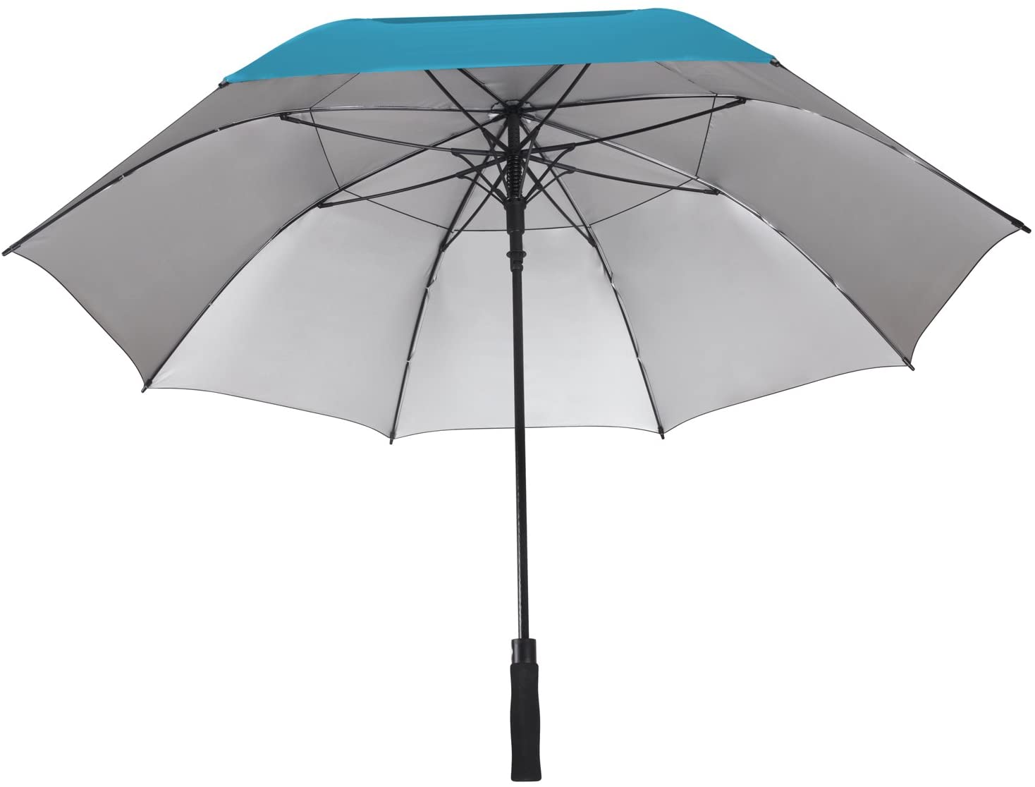 Teal golf umbrella interior view showing silver UV coating inner canopy and fiberglass frame structure