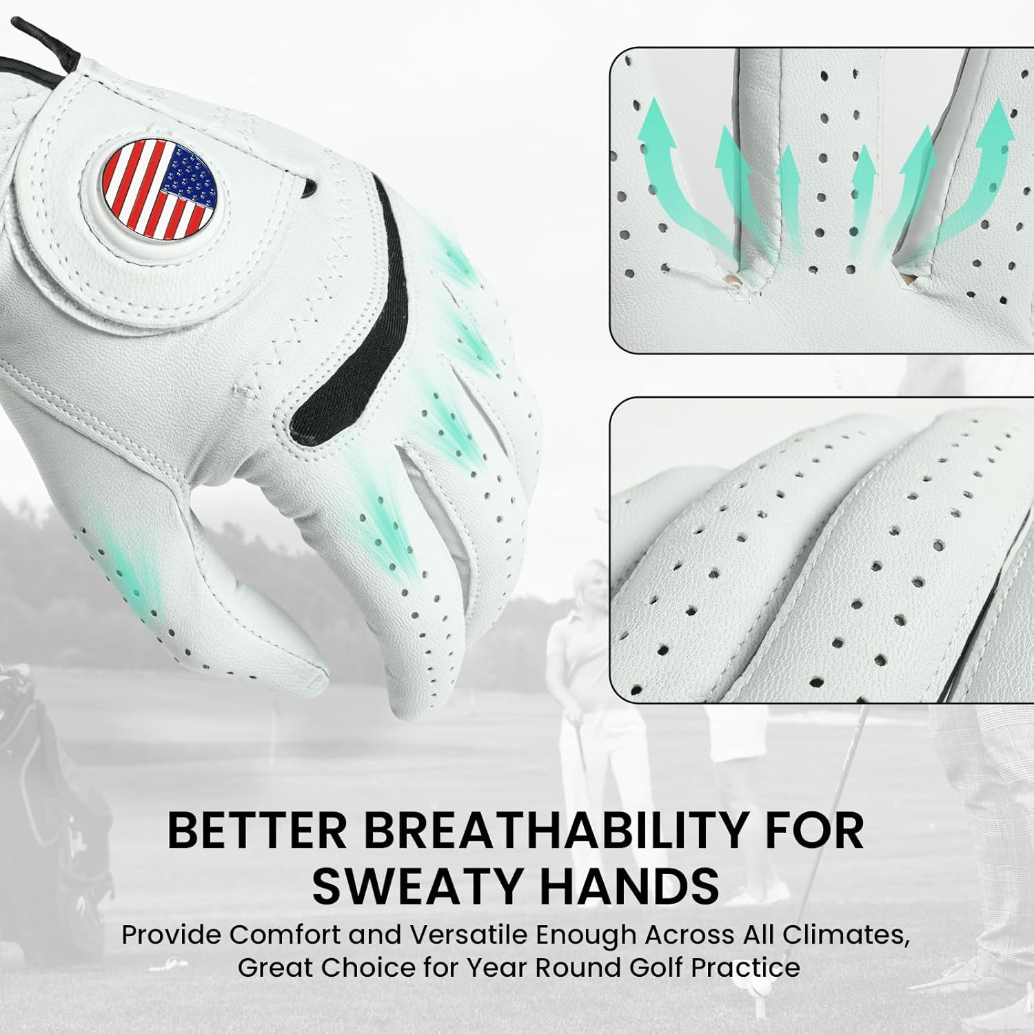 Cabretta leather golf glove left and right hand pair with US flag magnetic ball marker white background