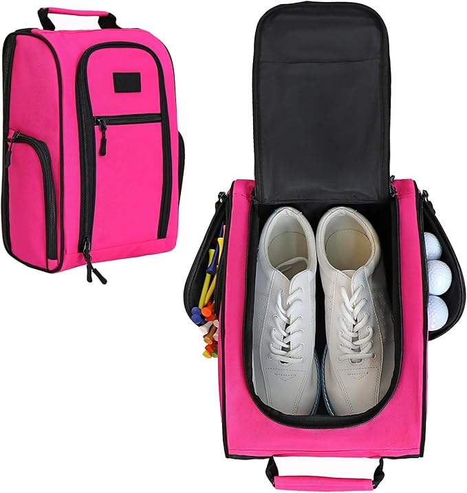 Pink golf shoe bag open showing white golf shoes and balls inside