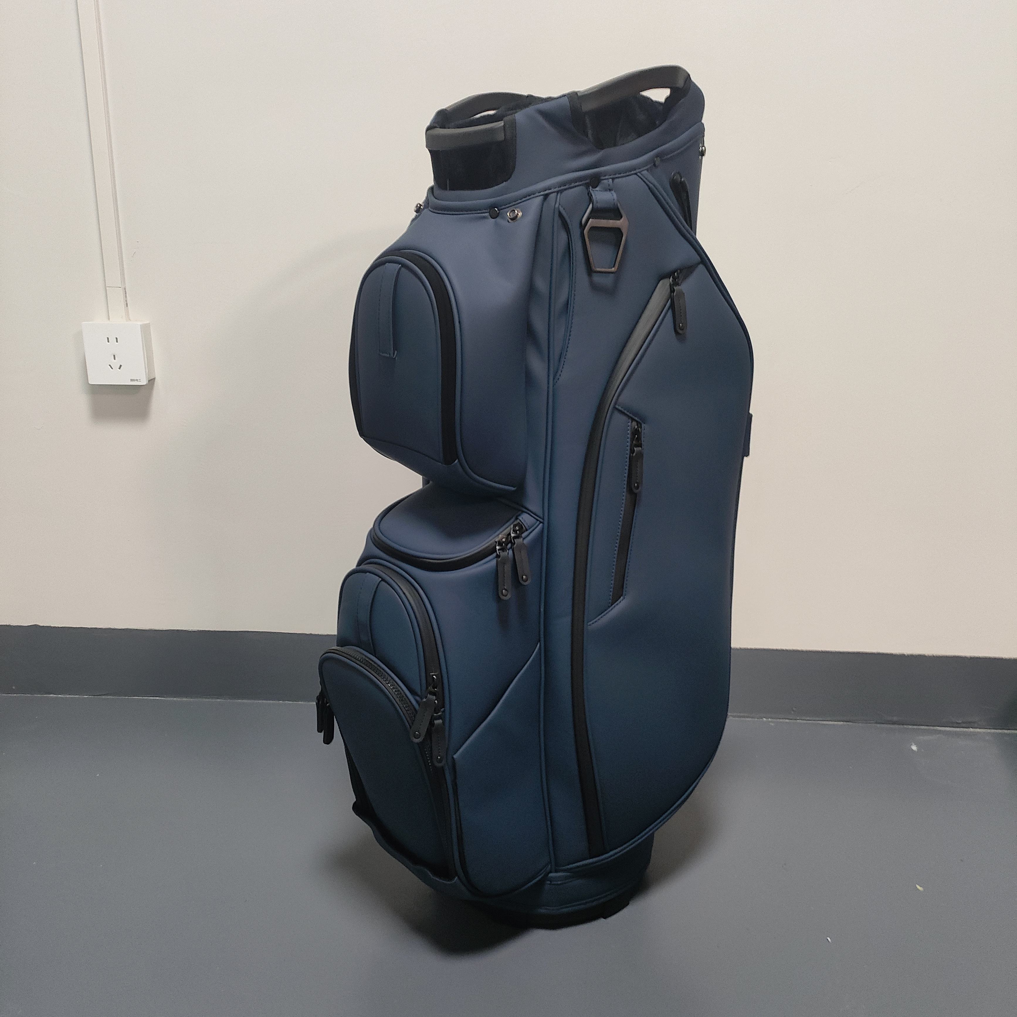 Leather Golf Cart Bag with 9-Way Divider Top and Multi-Pocket Organization in Black Navy