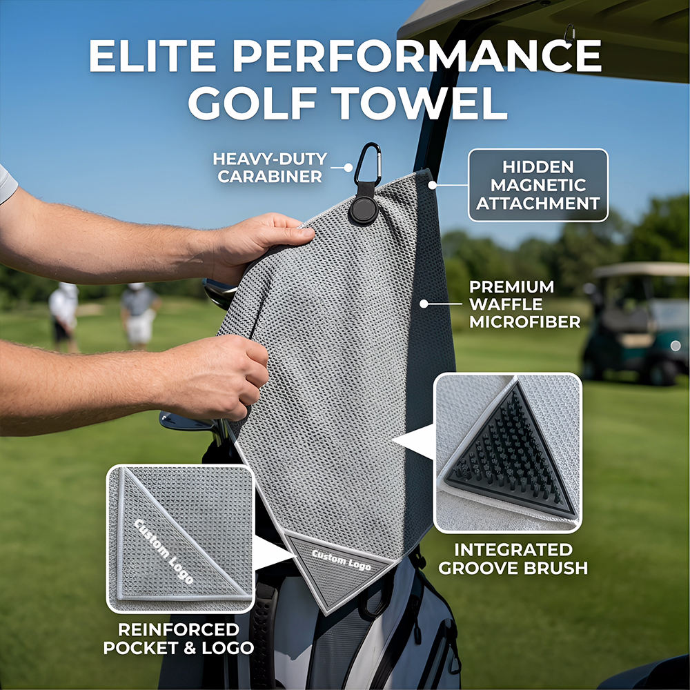 Elite Performance Golf Towel Magnetic Waffle Microfiber Built-in Brush Ball Cleaning Pocket OEM