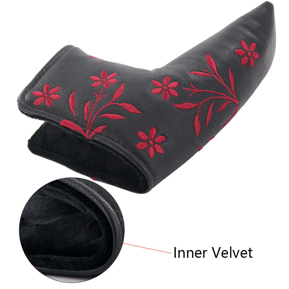Embroidered Floral PU Leather Golf Putter Headcover Blade Mallet Inner Velvet OEM