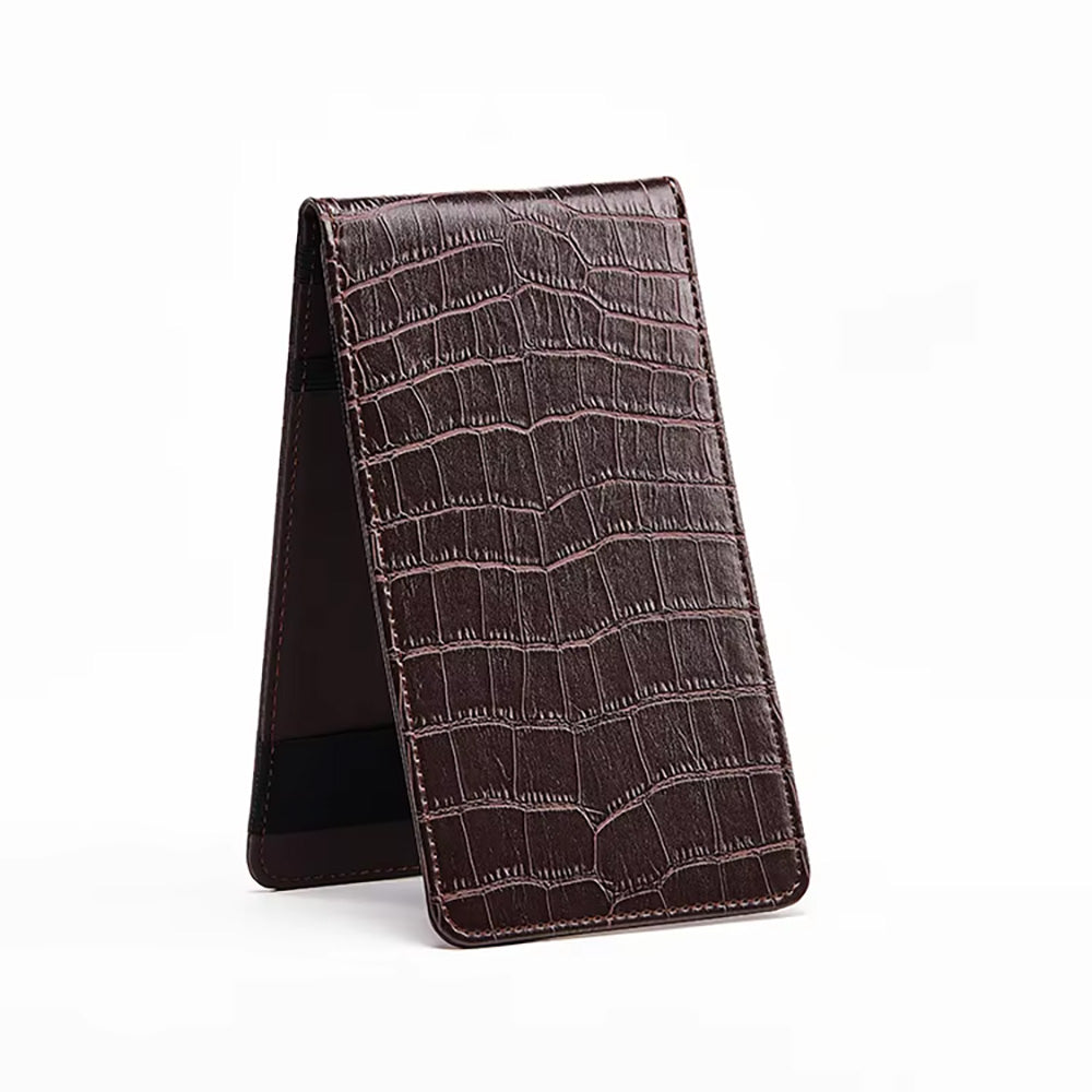 Crocodile grain leather golf scorecard holder open view showing elastic band interior