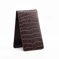 Crocodile grain leather golf scorecard holder open view showing elastic band interior