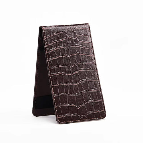 Crocodile grain leather golf scorecard holder open view showing elastic band interior