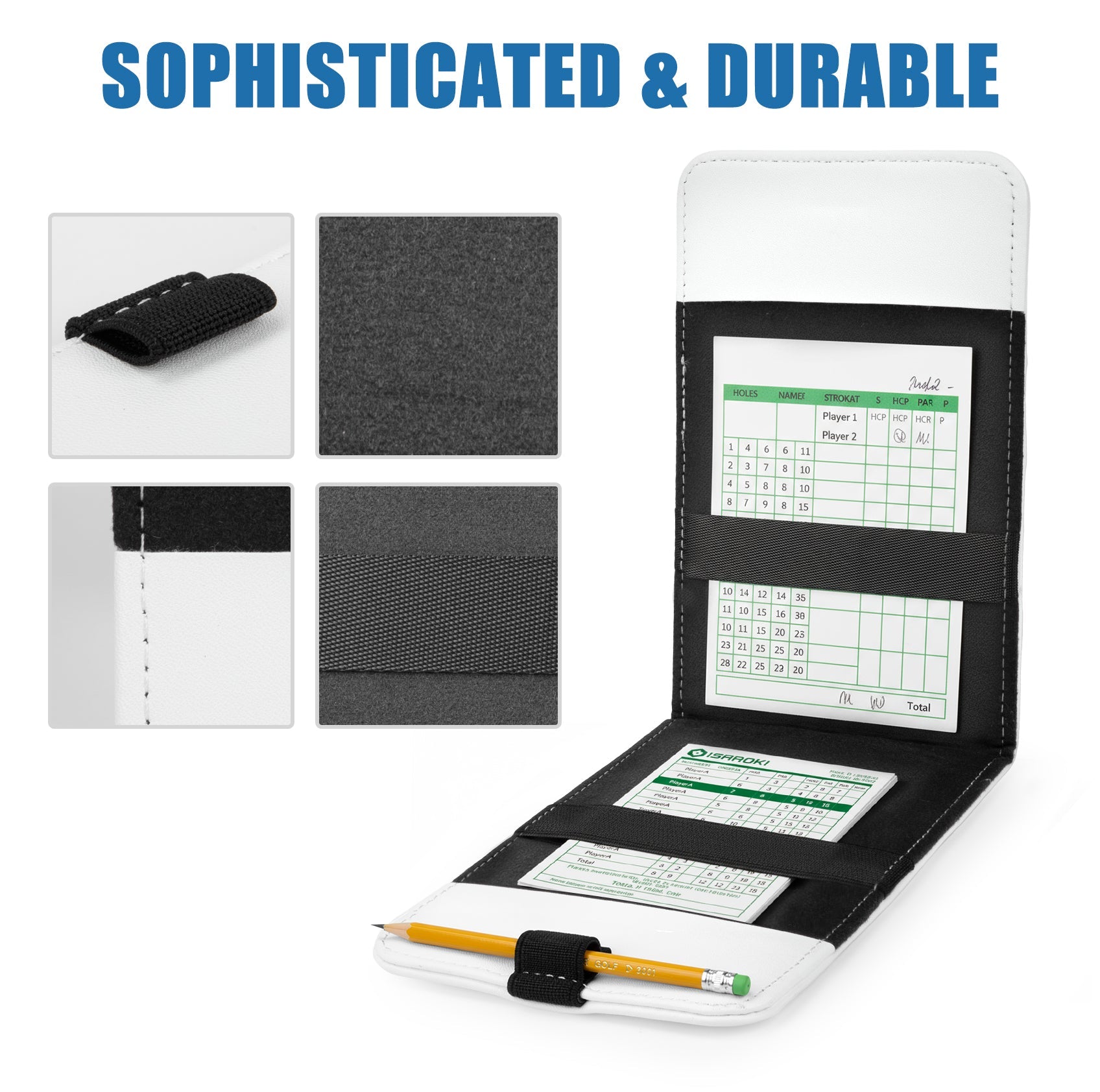 PU leather golf scorecard holder with elastic band and pencil loop - detail view