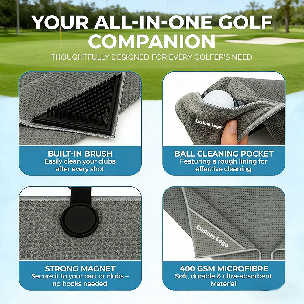 Elite Performance Golf Towel Magnetic Waffle Microfiber Built-in Brush Ball Cleaning Pocket OEM