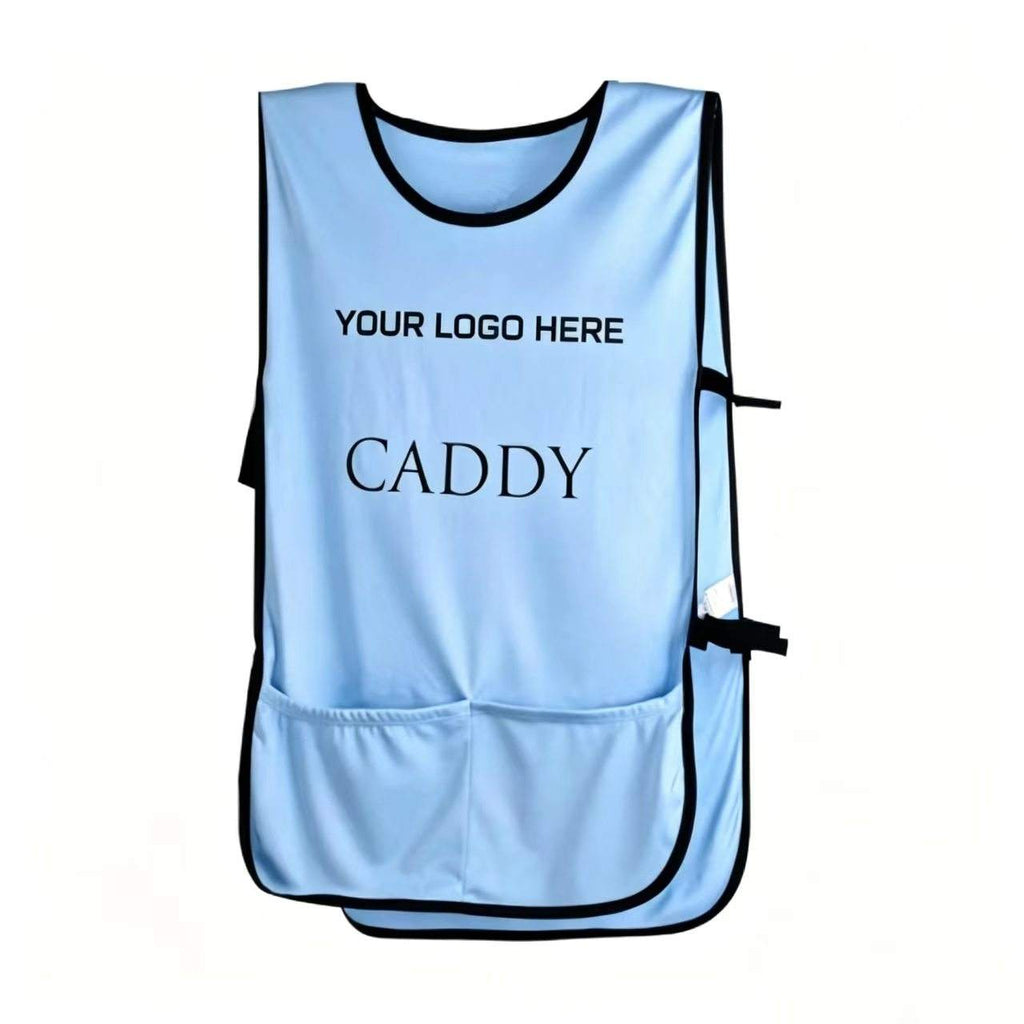 Sky blue solid color golf caddie bib custom logo front view