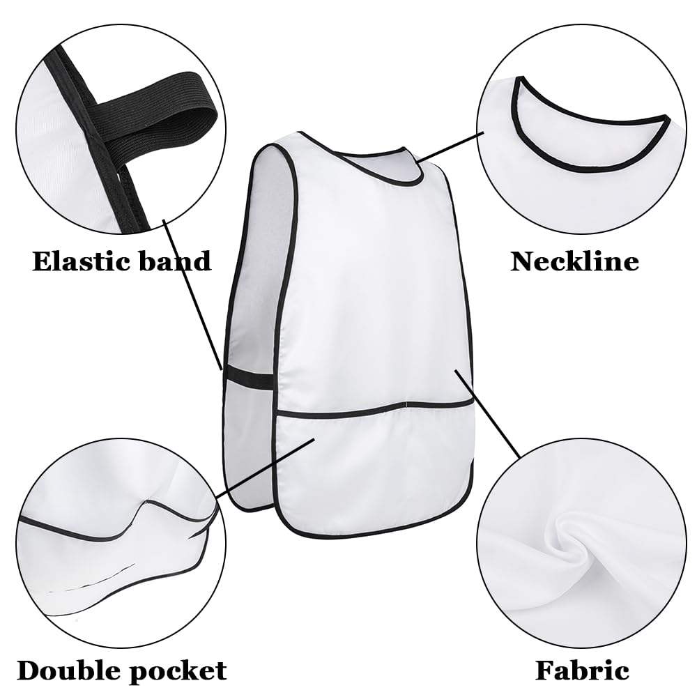 White golf caddie bib detail: elastic band, neckline, double pocket, fabric