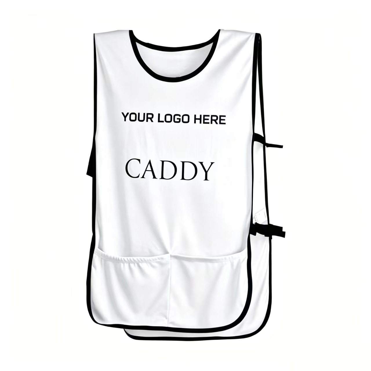 White solid color golf caddie bib custom logo front view