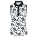 Women's sleeveless golf polo white base black floral print front view