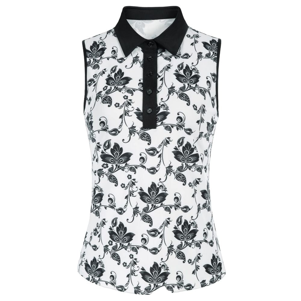 Women's sleeveless golf polo white base black floral print front view