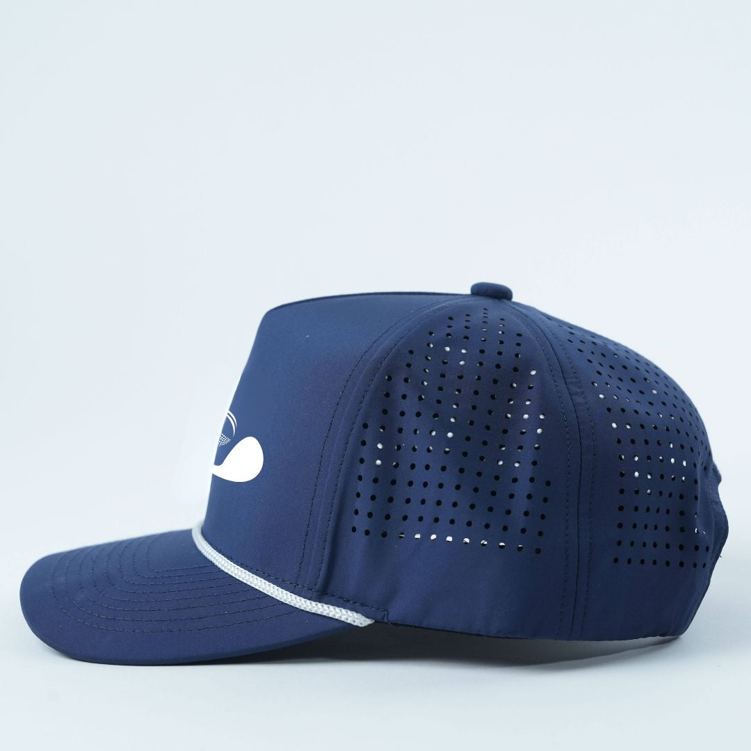 Custom Laser-Perforated Golf Snapback Cap - Side View Navy Blue